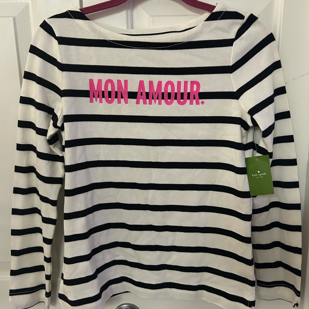 Kate Spade women’s sz small Black and White Striped Tee with Pink Print